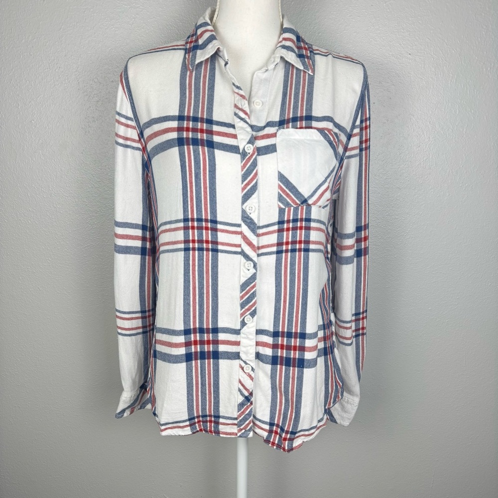 Beach Lunch Lounge Women’s XS Button Up Plaid Shirt 100% Rayon White Red Blue